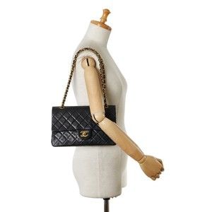 CHANEL Matelasse 25 Coco Mark Double Flap Chain Shoulder Bag Black Gold Lambskin